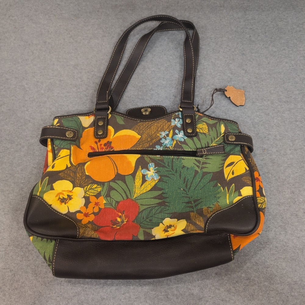 Caribbean Joe Floral Print Tote Bag Brown Leather Trim Tropical Vacation Beach - Picture 2 of 9